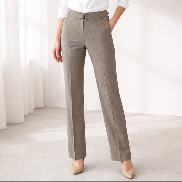 St. John Pants - St John Women Trouser Pants 8 Straight Leg Wool Blend Belted‎ Taupe Brown Career